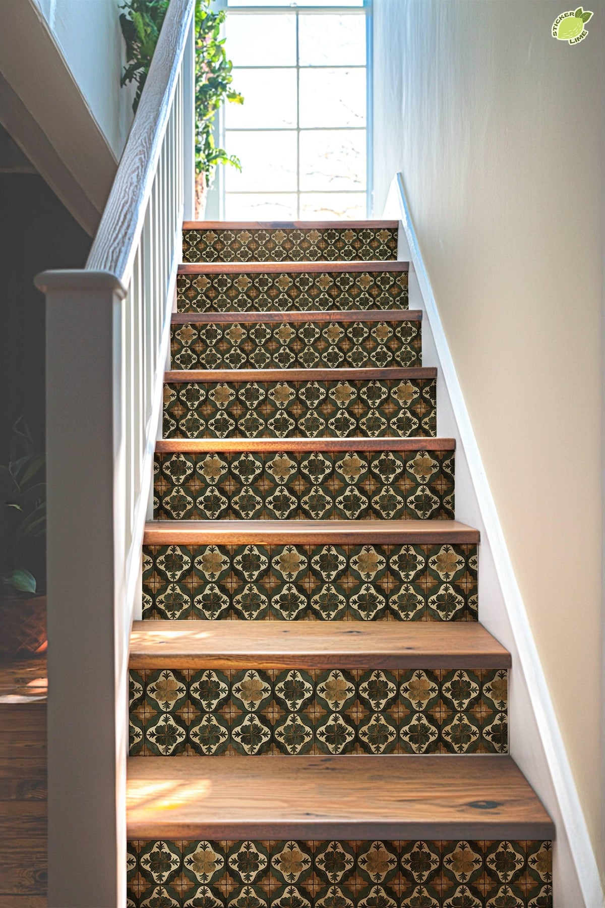 Green & Brown Medieval Tile peel and stick stair riser decals, photo 4 of 8