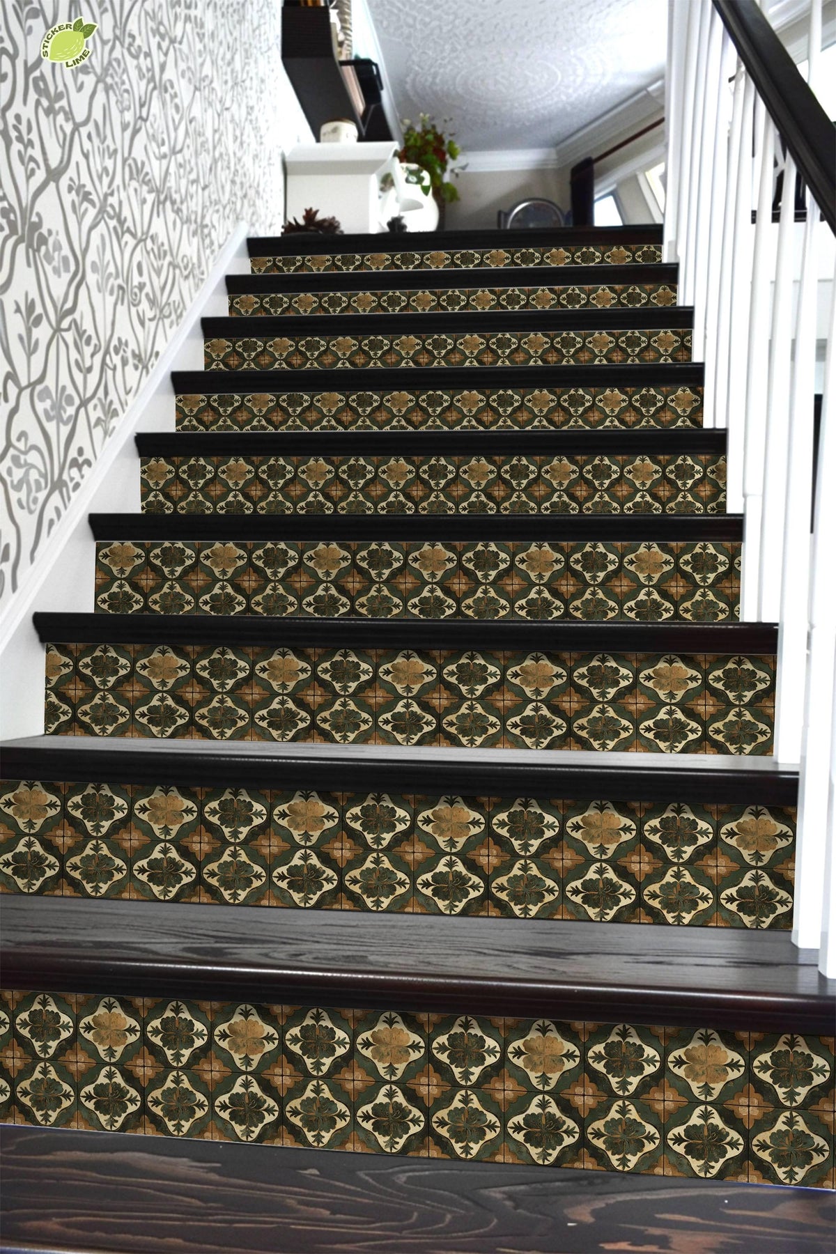 Green & Brown Medieval Tile peel and stick stair riser decals, photo 6 of 8
