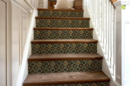 Green & Brown Medieval Tile peel and stick stair riser decals, photo 8 of 8