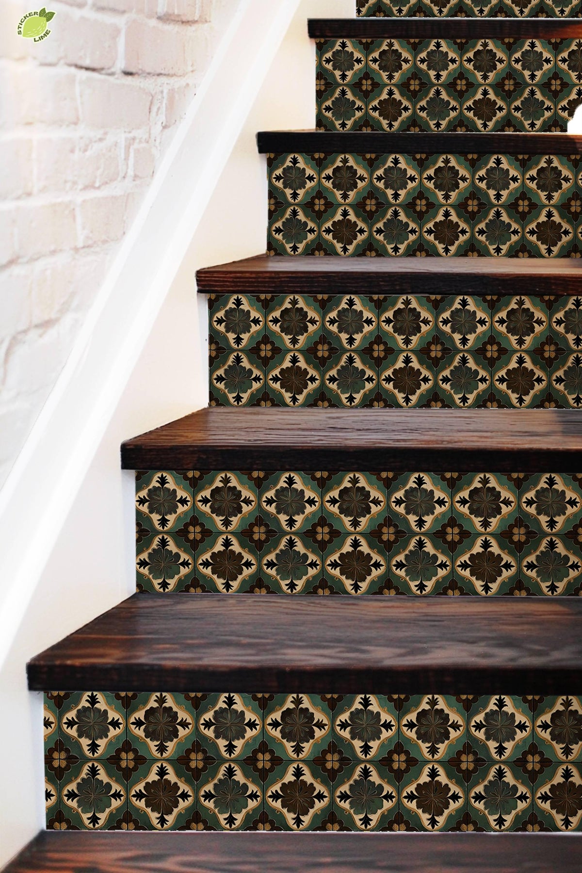 Green & Brown Moroccan Tile peel and stick stair riser decals, photo 3 of 8