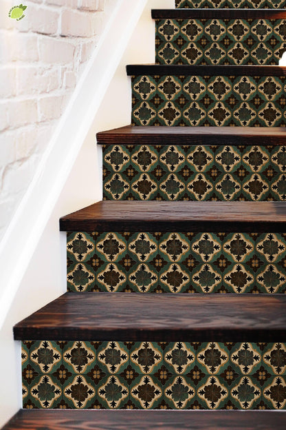 Green & Brown Moroccan Tile peel and stick stair riser decals, photo 3 of 8
