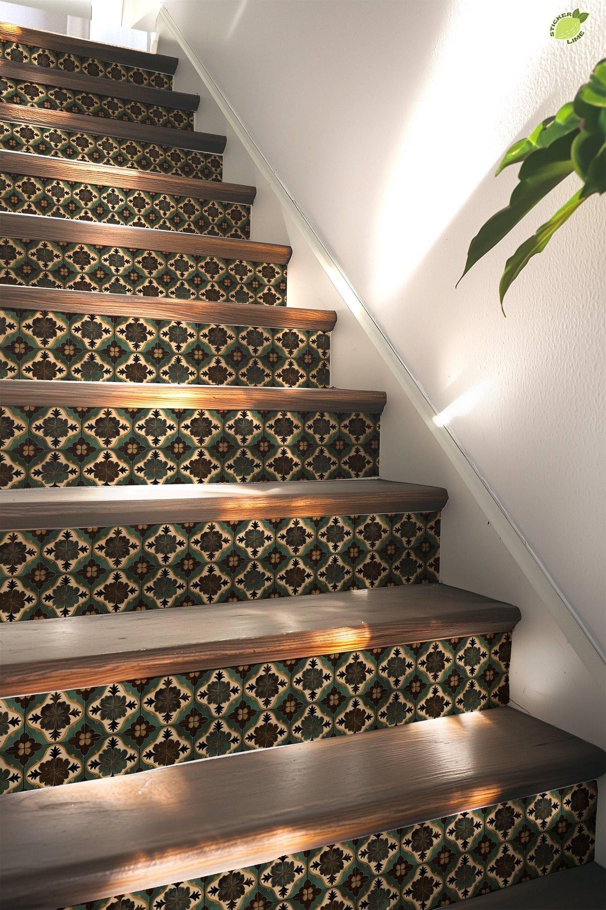 Green & Brown Moroccan Tile peel and stick stair riser decals, photo 5 of 8