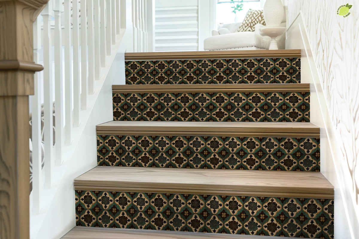 Green & Brown Moroccan Tile peel and stick stair riser decals, photo 7 of 8