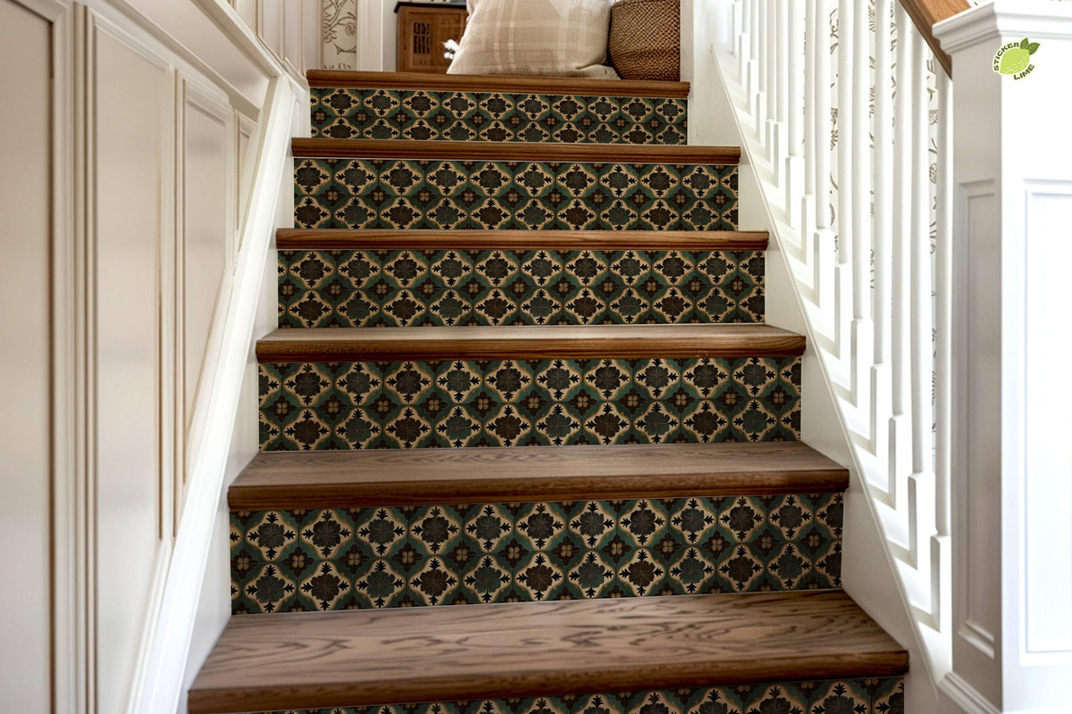 Green & Brown Moroccan Tile peel and stick stair riser decals, photo 8 of 8