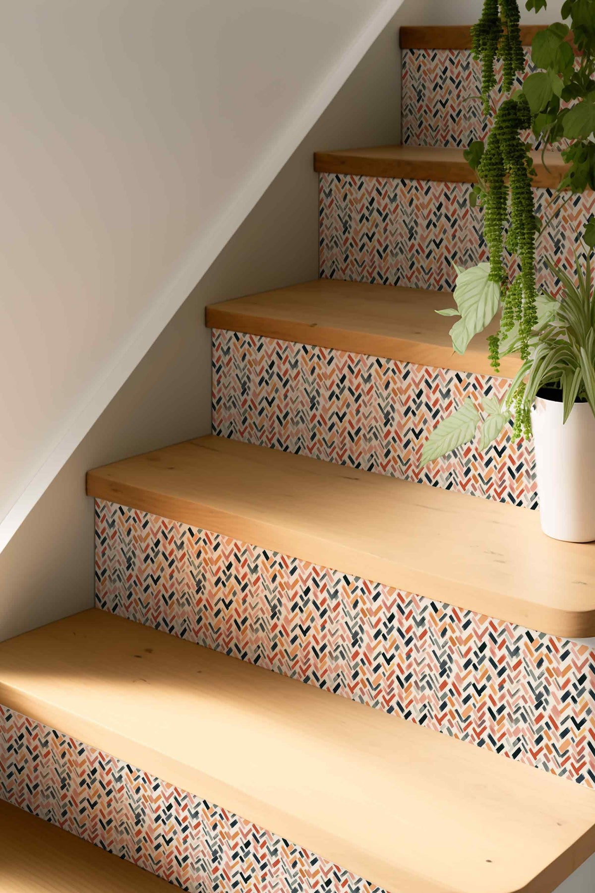 Herringbone Boho peel and stick stair riser decals, photo 2 of 6