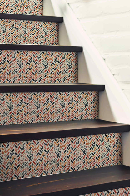 Herringbone Boho peel and stick stair riser decals, photo 3 of 6