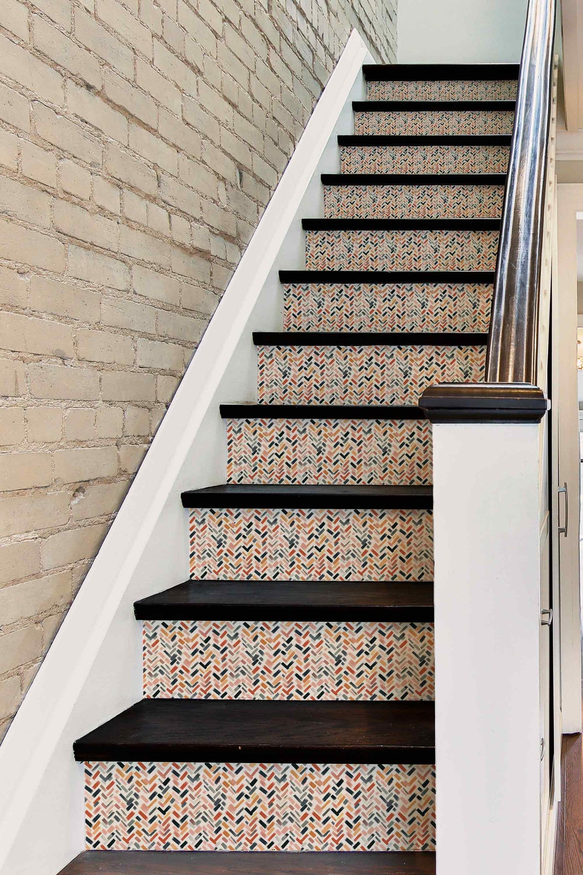 Herringbone Boho peel and stick stair riser decals, photo 5 of 6