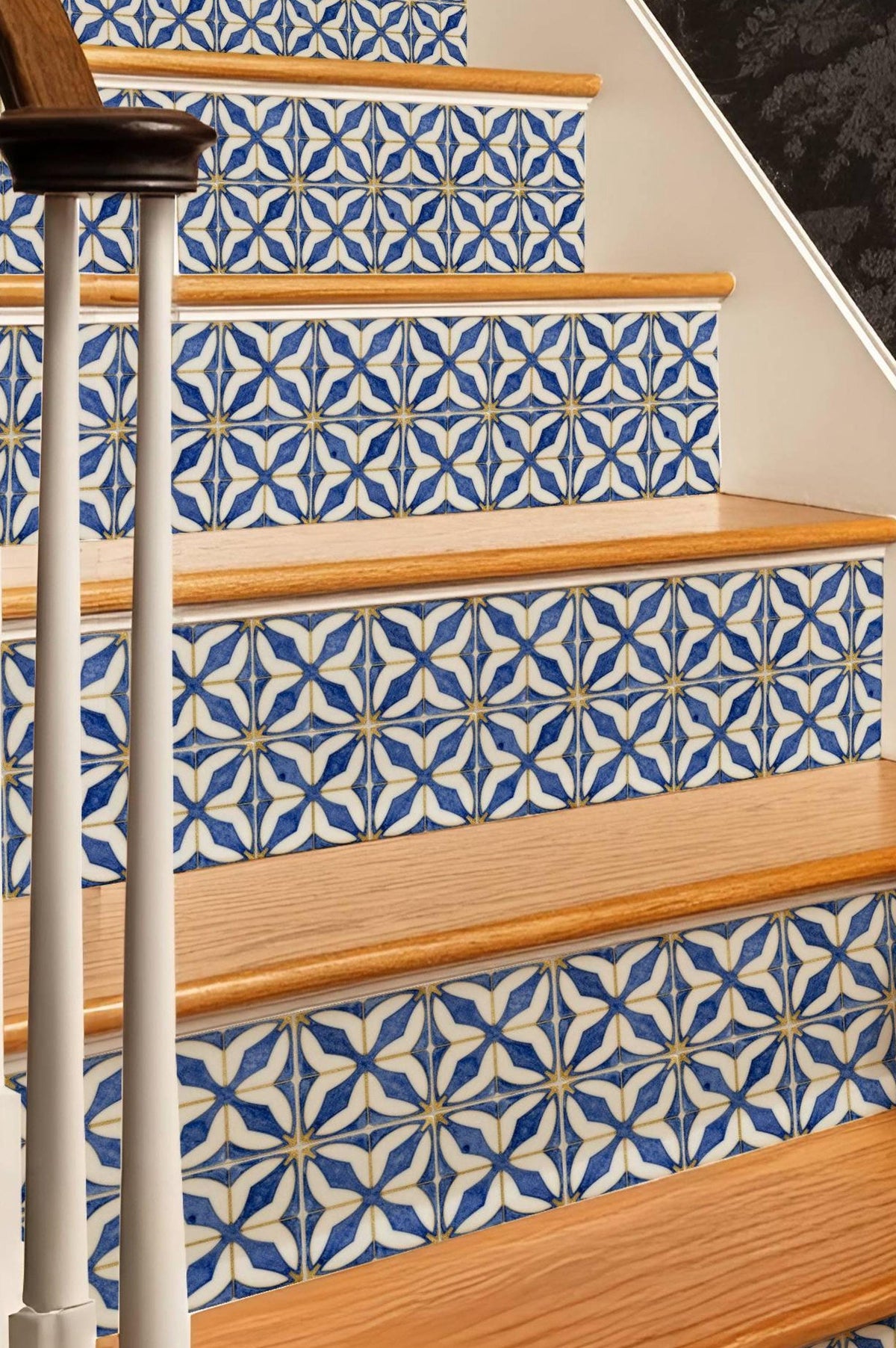 Indigo Arabesque Geometric Tile peel and stick stair riser decals