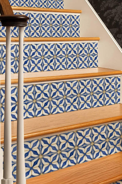 Indigo Arabesque Geometric Tile peel and stick stair riser decals
