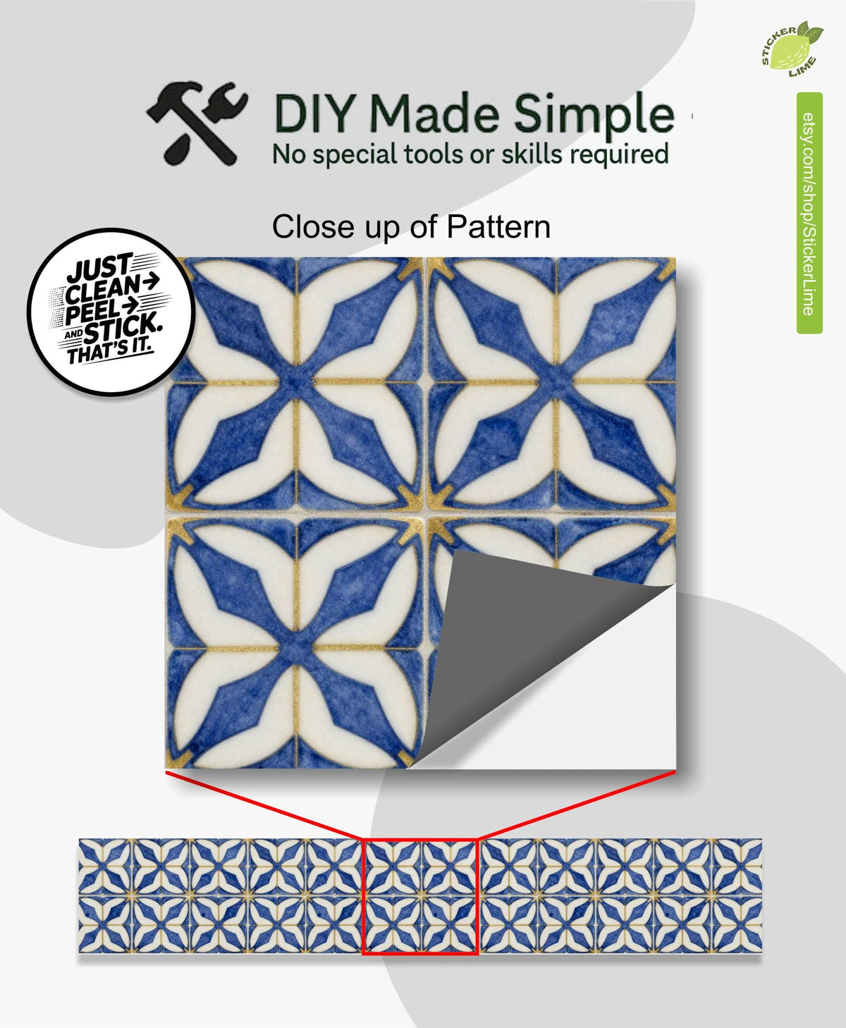 Indigo Arabesque Geometric Tile peel and stick stair riser decals, photo 2 of 8