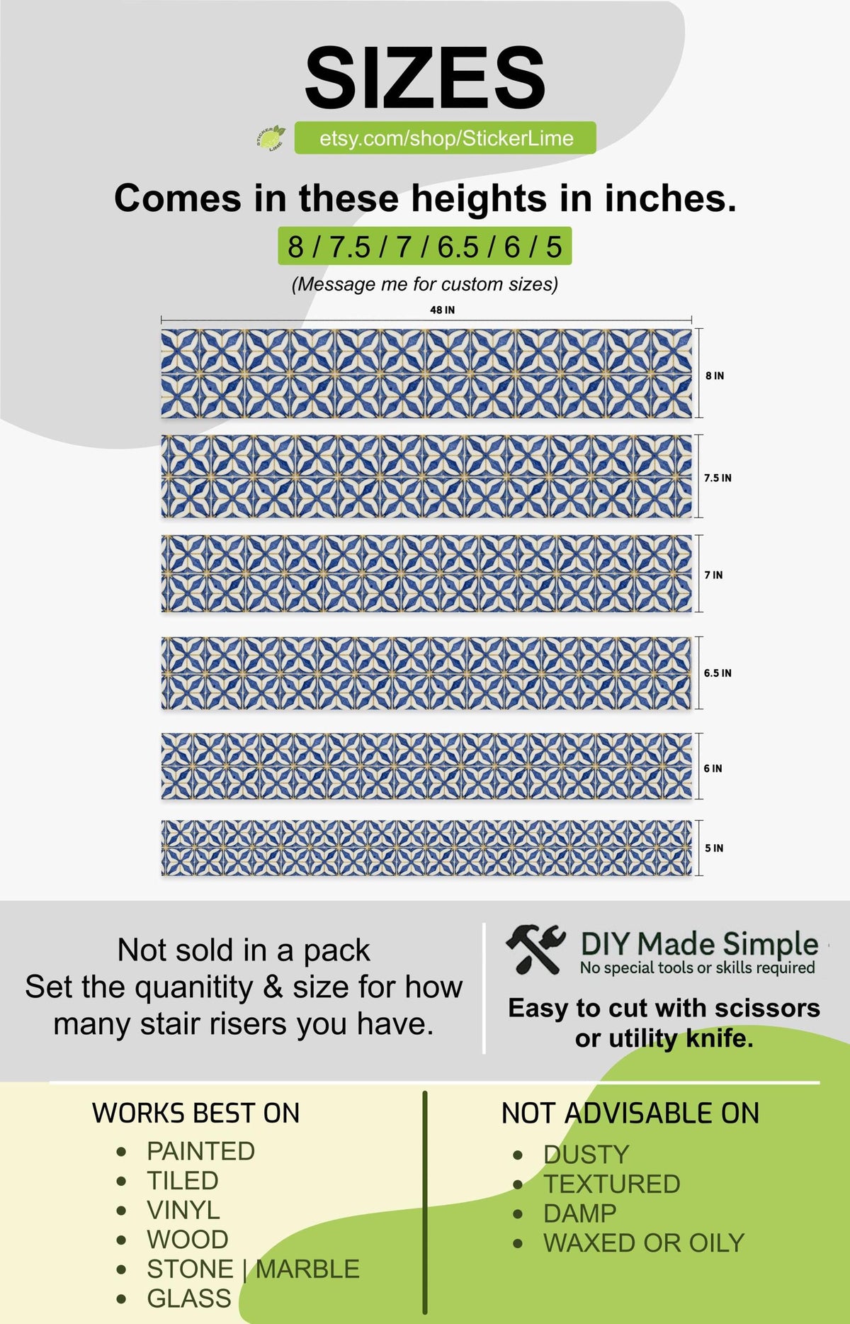 Indigo Arabesque Geometric Tile peel and stick stair riser decals, photo 3 of 8
