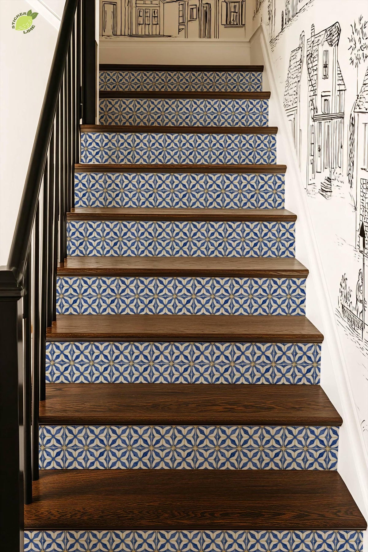 Indigo Arabesque Geometric Tile peel and stick stair riser decals, photo 4 of 8