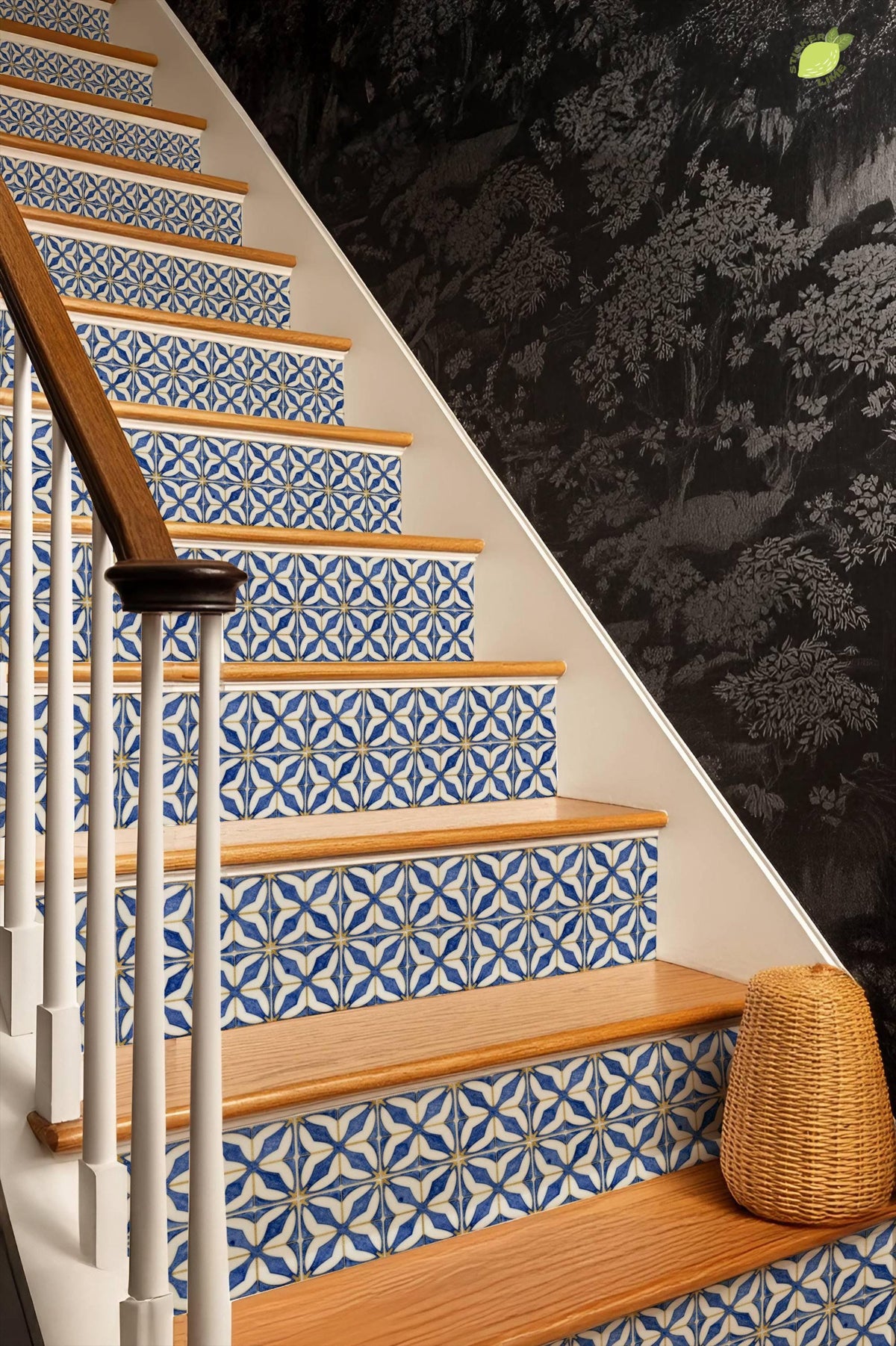 Indigo Arabesque Geometric Tile peel and stick stair riser decals, photo 6 of 8