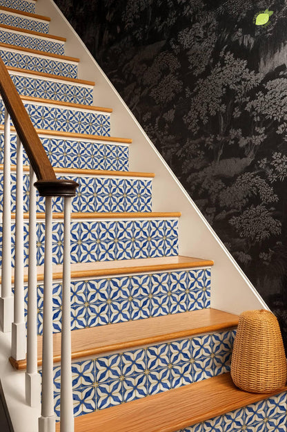 Indigo Arabesque Geometric Tile peel and stick stair riser decals, photo 6 of 8