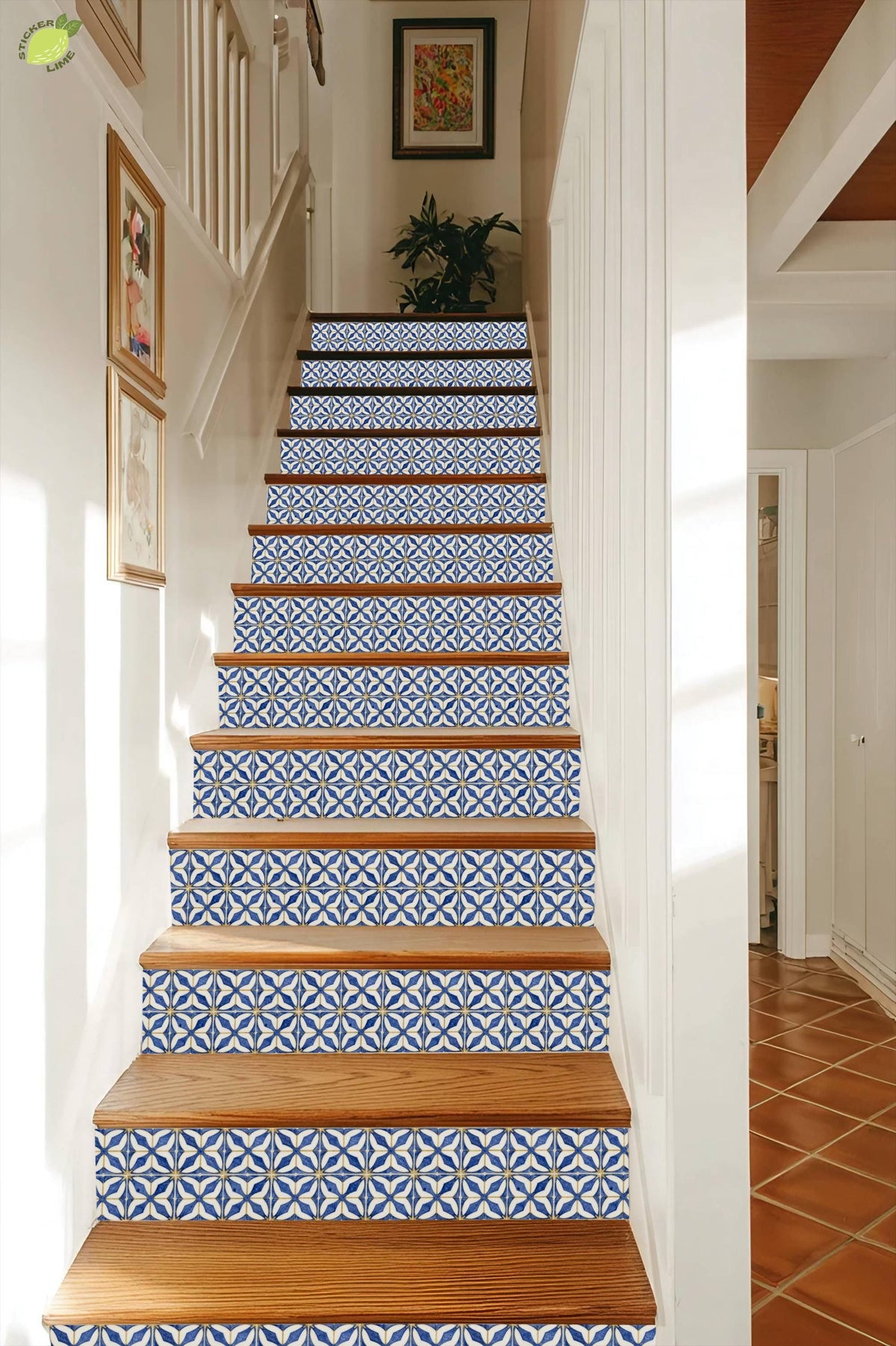 Indigo Arabesque Geometric Tile peel and stick stair riser decals, photo 7 of 8