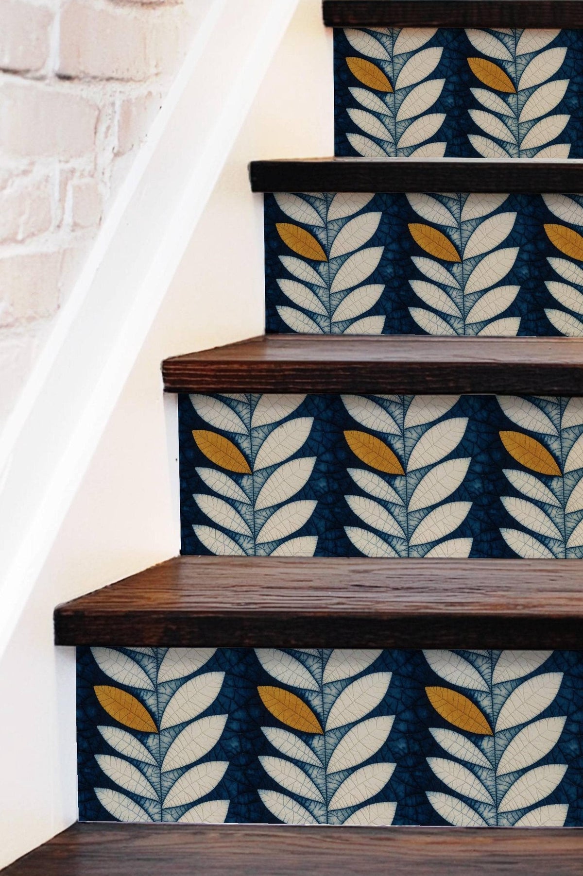 Indigo Batik Botanical Leaf peel and stick stair riser decals