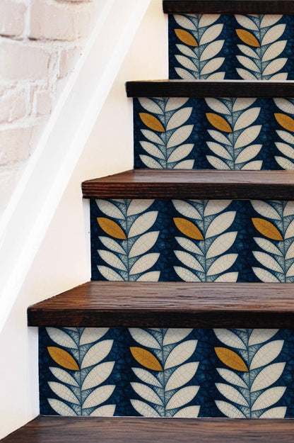 Indigo Batik Botanical Leaf peel and stick stair riser decals