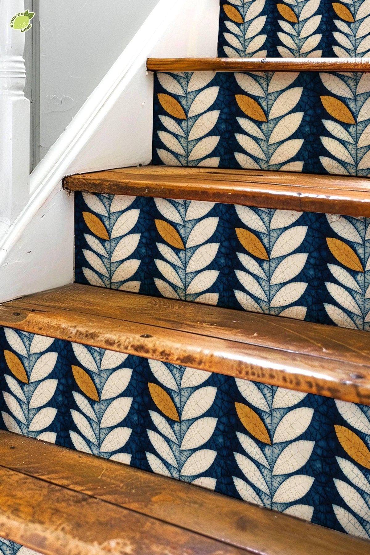 Indigo Batik Botanical Leaf peel and stick stair riser decals, photo 3 of 8