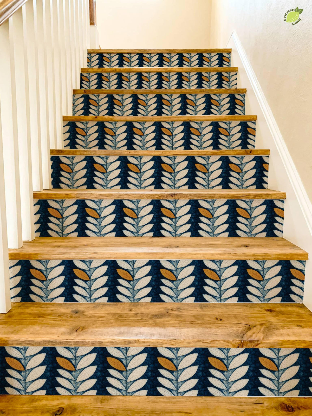 Indigo Batik Botanical Leaf peel and stick stair riser decals, photo 4 of 8