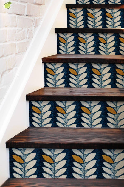 Indigo Batik Botanical Leaf peel and stick stair riser decals, photo 5 of 8