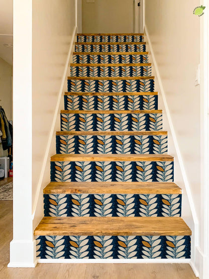 Indigo Batik Botanical Leaf peel and stick stair riser decals, photo 6 of 8