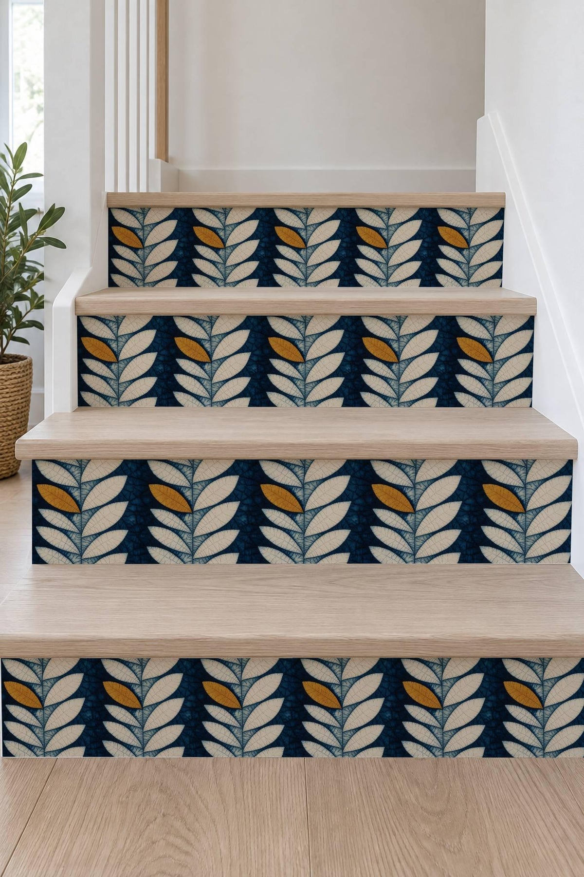 Indigo Batik Botanical Leaf peel and stick stair riser decals, photo 7 of 8