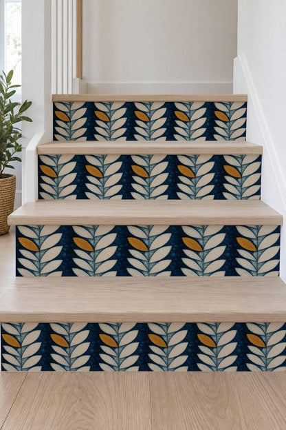 Indigo Batik Botanical Leaf peel and stick stair riser decals, photo 7 of 8
