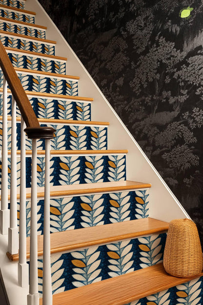 Indigo Batik Botanical Leaf peel and stick stair riser decals, photo 8 of 8