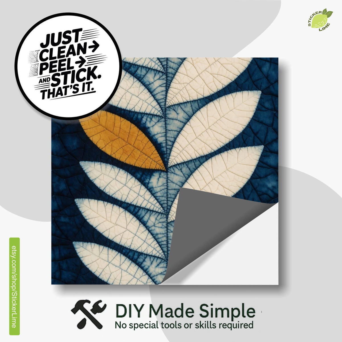 Indigo Batik Botanical Leaf peel and stick tile decals, photo 2 of 8