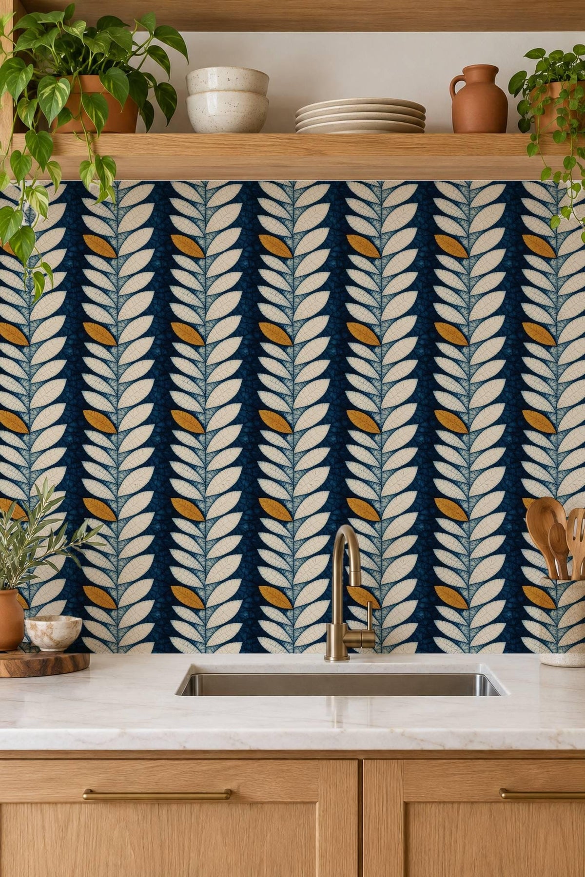 Indigo Batik Botanical Leaf peel and stick tile decals, photo 3 of 8