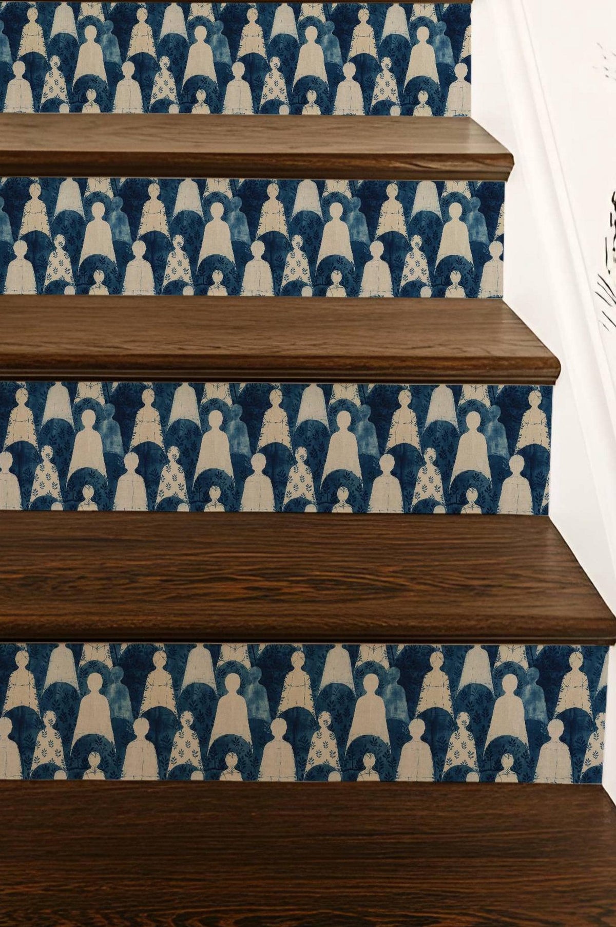 Indigo Block Printed Human Silhouette peel and stick stair riser decals