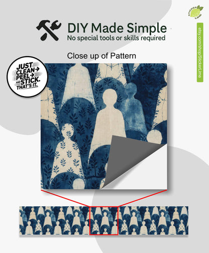Indigo Block Printed Human Silhouette peel and stick stair riser decals, photo 2 of 8
