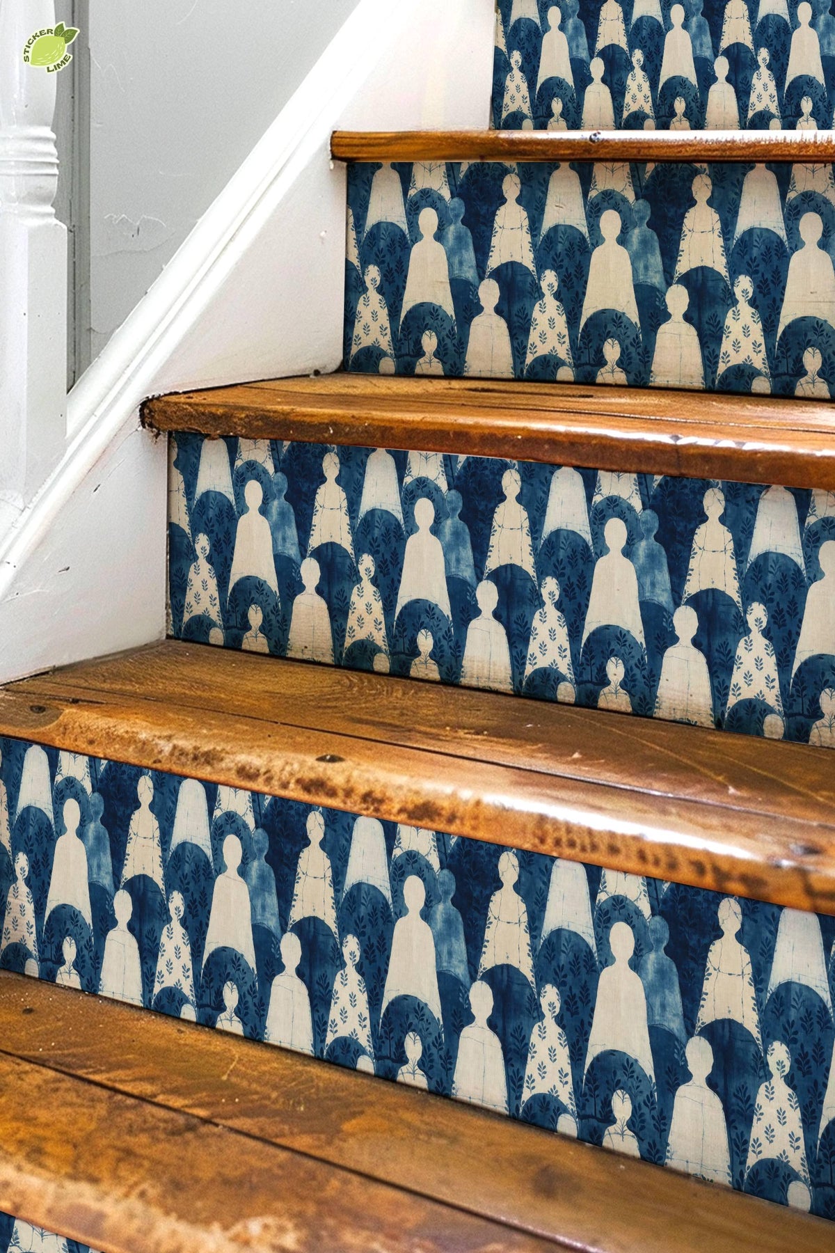 Indigo Block Printed Human Silhouette peel and stick stair riser decals, photo 3 of 8