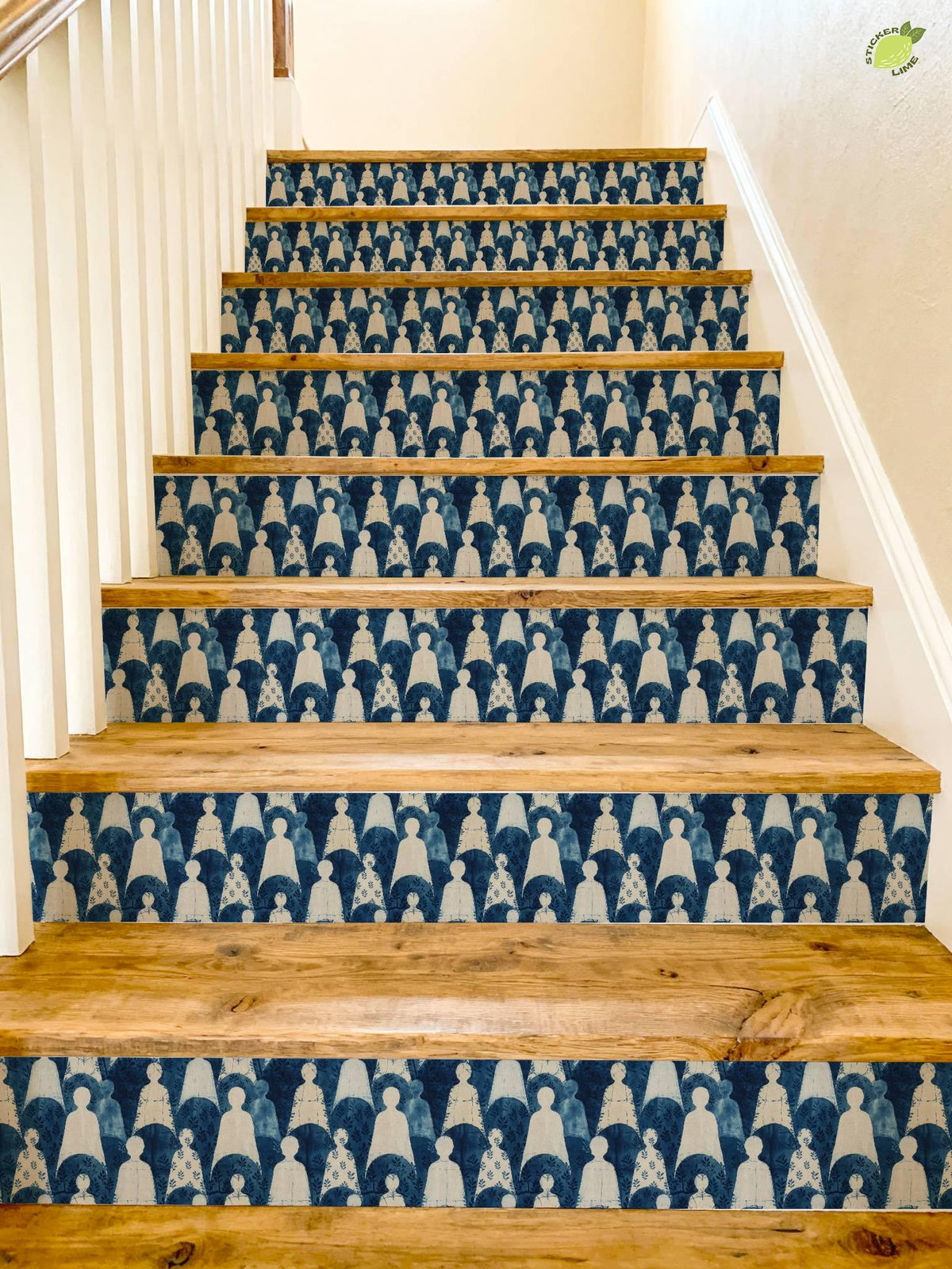 Indigo Block Printed Human Silhouette peel and stick stair riser decals, photo 4 of 8