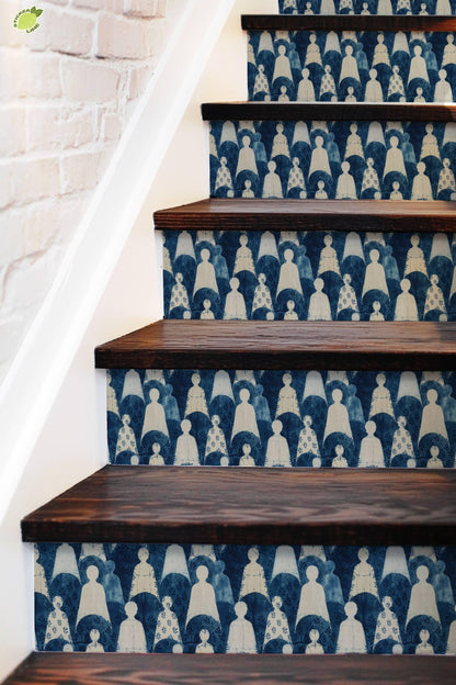 Indigo Block Printed Human Silhouette peel and stick stair riser decals, photo 5 of 8
