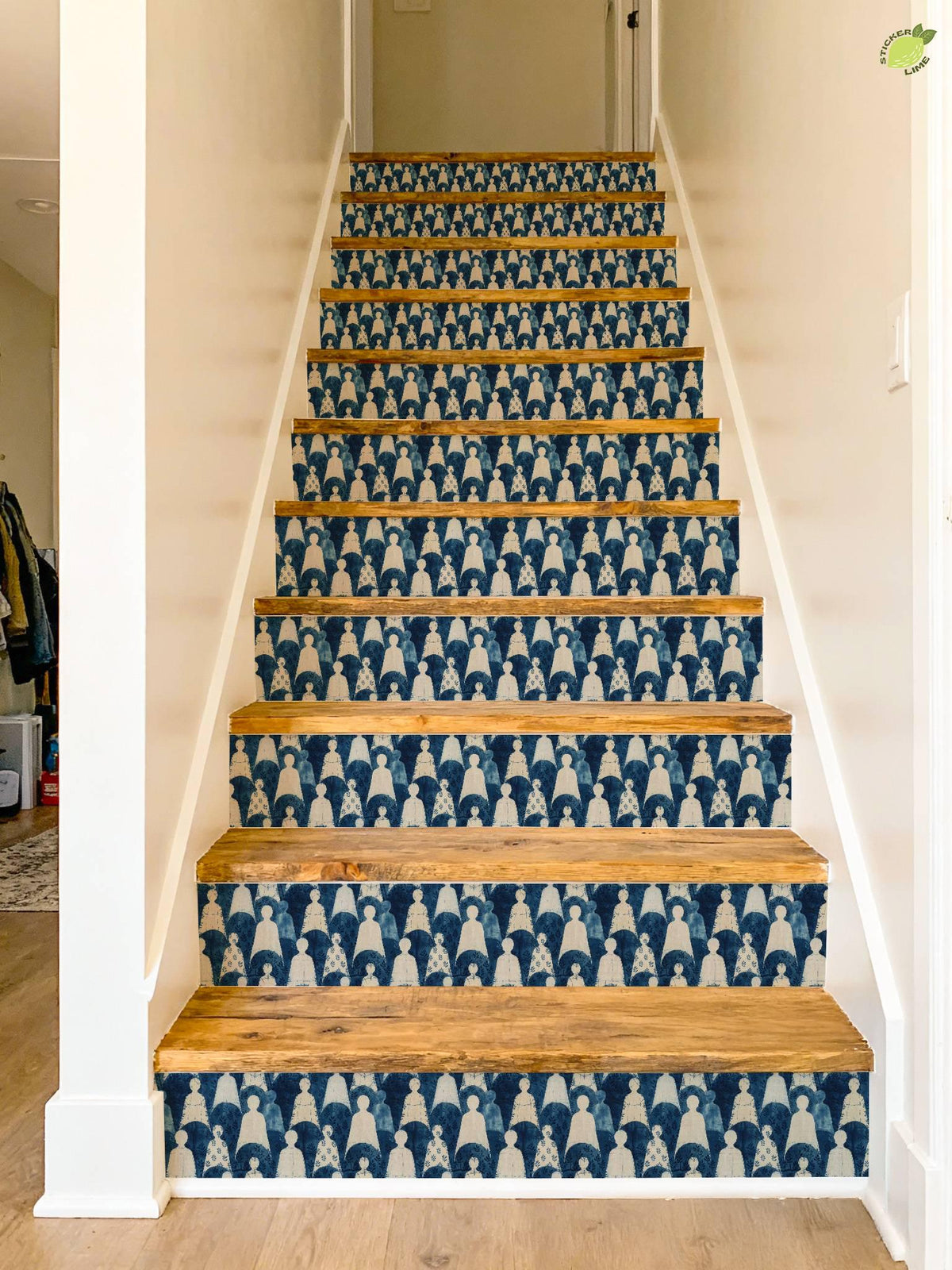 Indigo Block Printed Human Silhouette peel and stick stair riser decals, photo 6 of 8