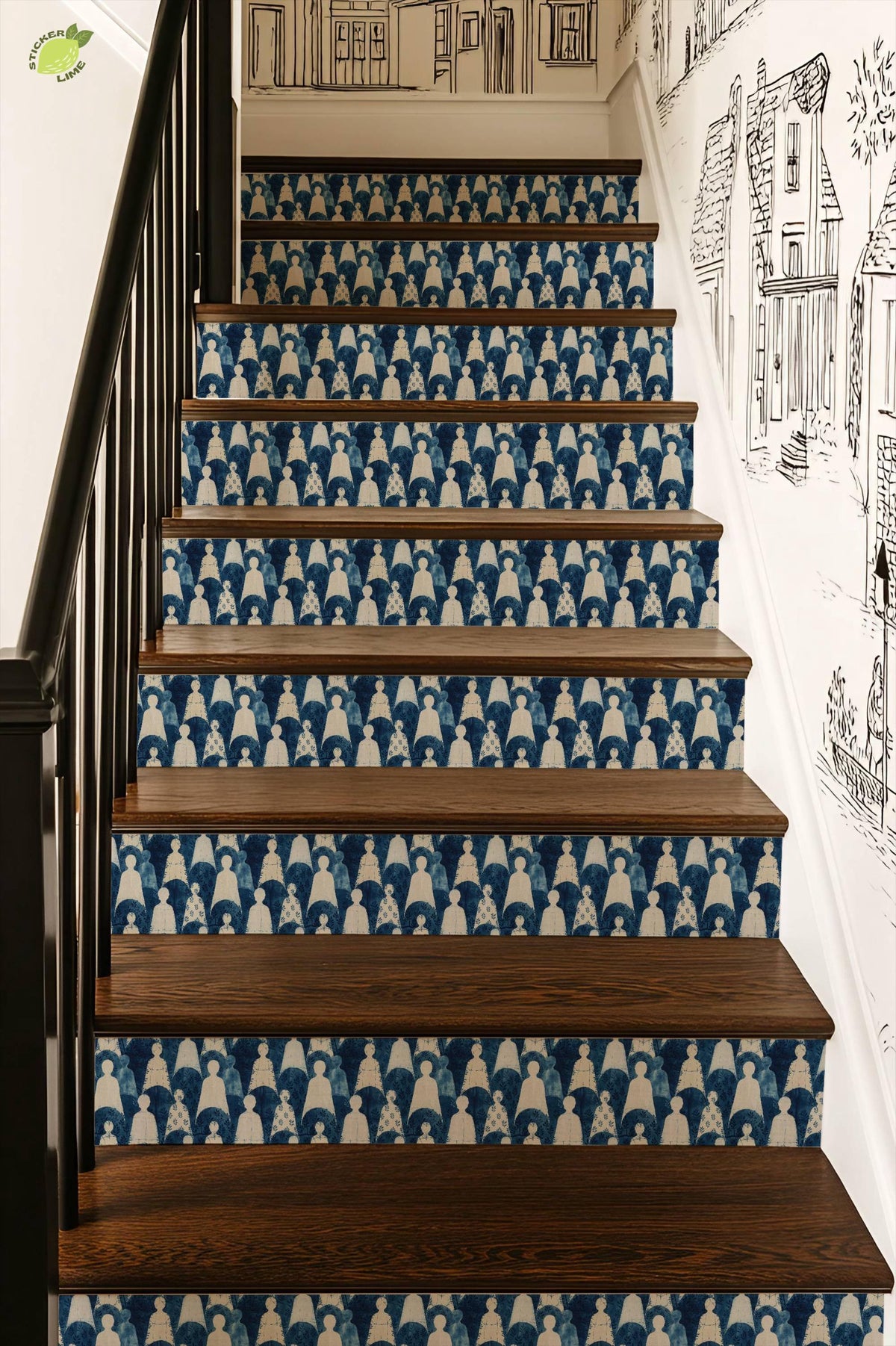 Indigo Block Printed Human Silhouette peel and stick stair riser decals, photo 7 of 8