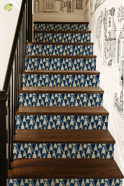 Indigo Block Printed Human Silhouette peel and stick stair riser decals, photo 7 of 8