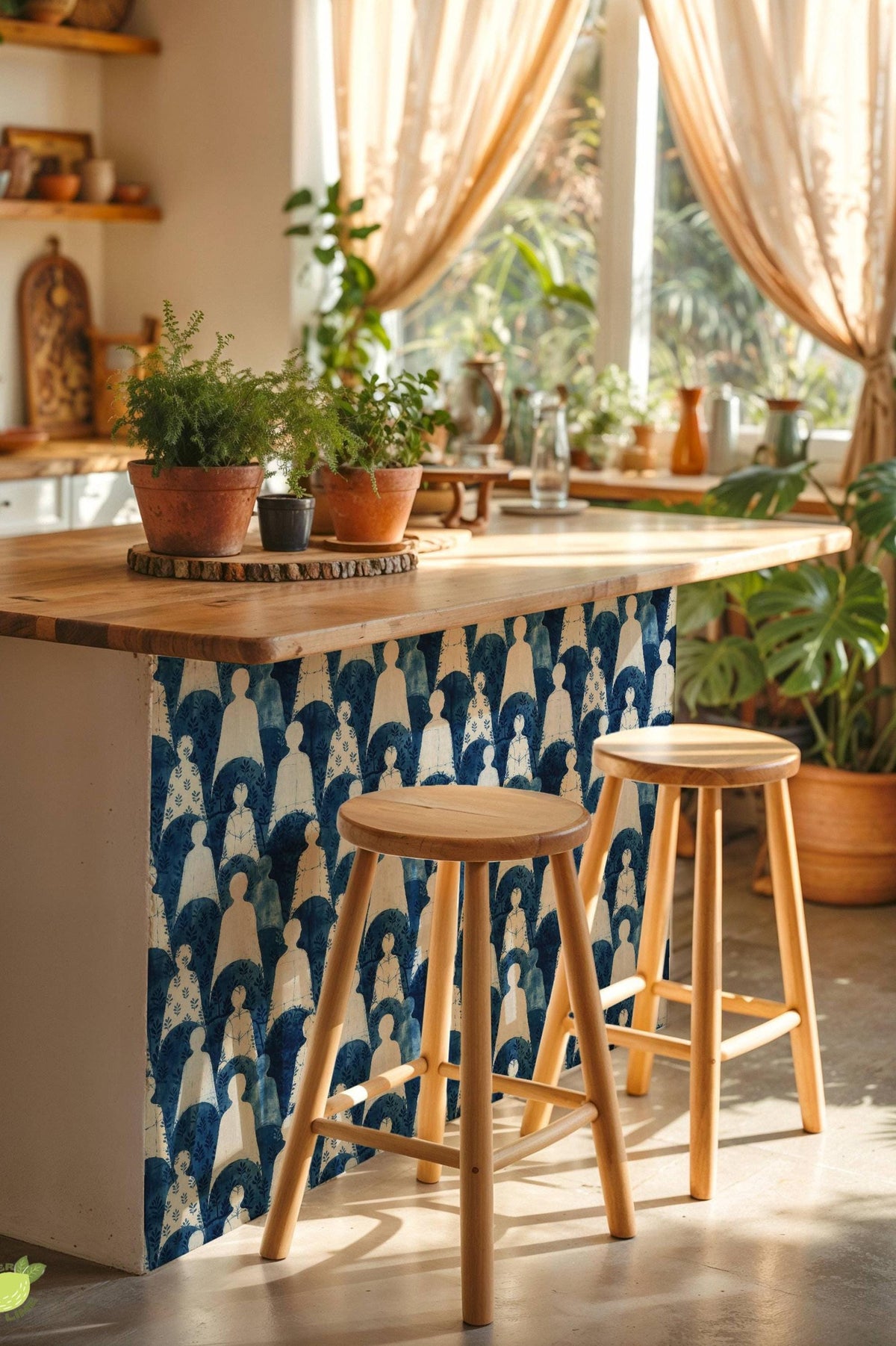 Indigo Block Printed Human Silhouette peel and stick tile decals