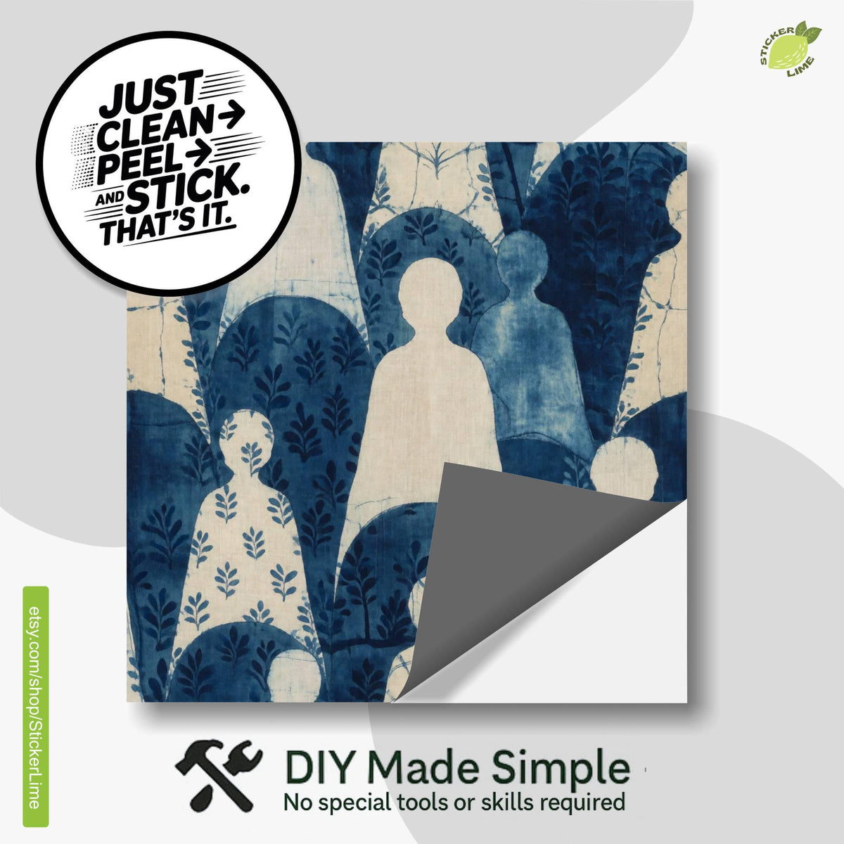 Indigo Block Printed Human Silhouette peel and stick tile decals, photo 2 of 8