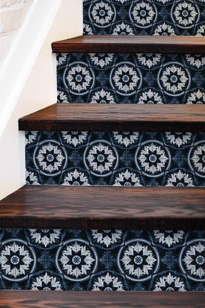 Indigo Mediterranean Leaf Mandala peel and stick stair riser decals