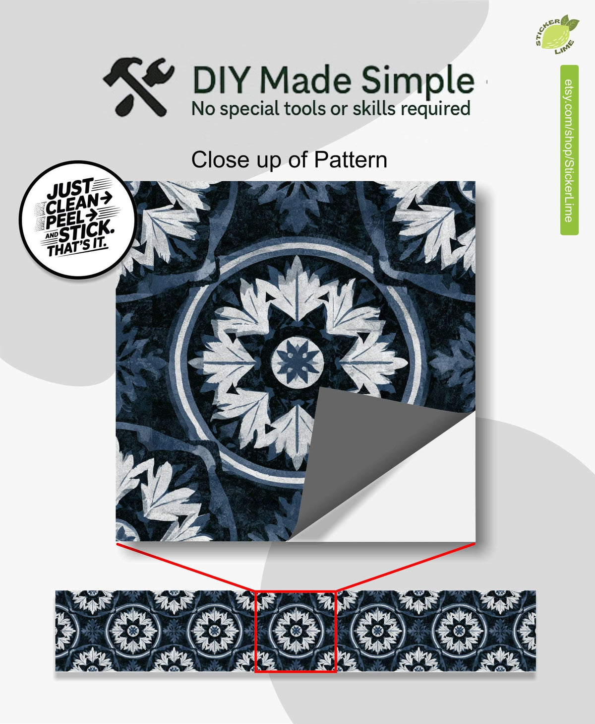 Indigo Mediterranean Leaf Mandala peel and stick stair riser decals, photo 2 of 8