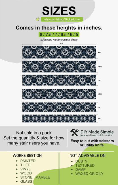 Indigo Mediterranean Leaf Mandala peel and stick stair riser decals, photo 3 of 8