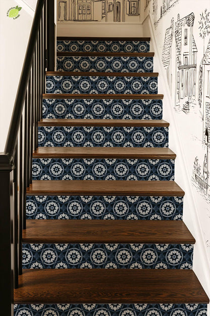 Indigo Mediterranean Leaf Mandala peel and stick stair riser decals, photo 4 of 8