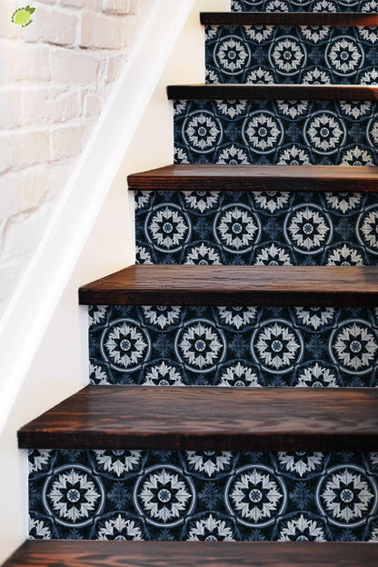 Indigo Mediterranean Leaf Mandala peel and stick stair riser decals, photo 5 of 8