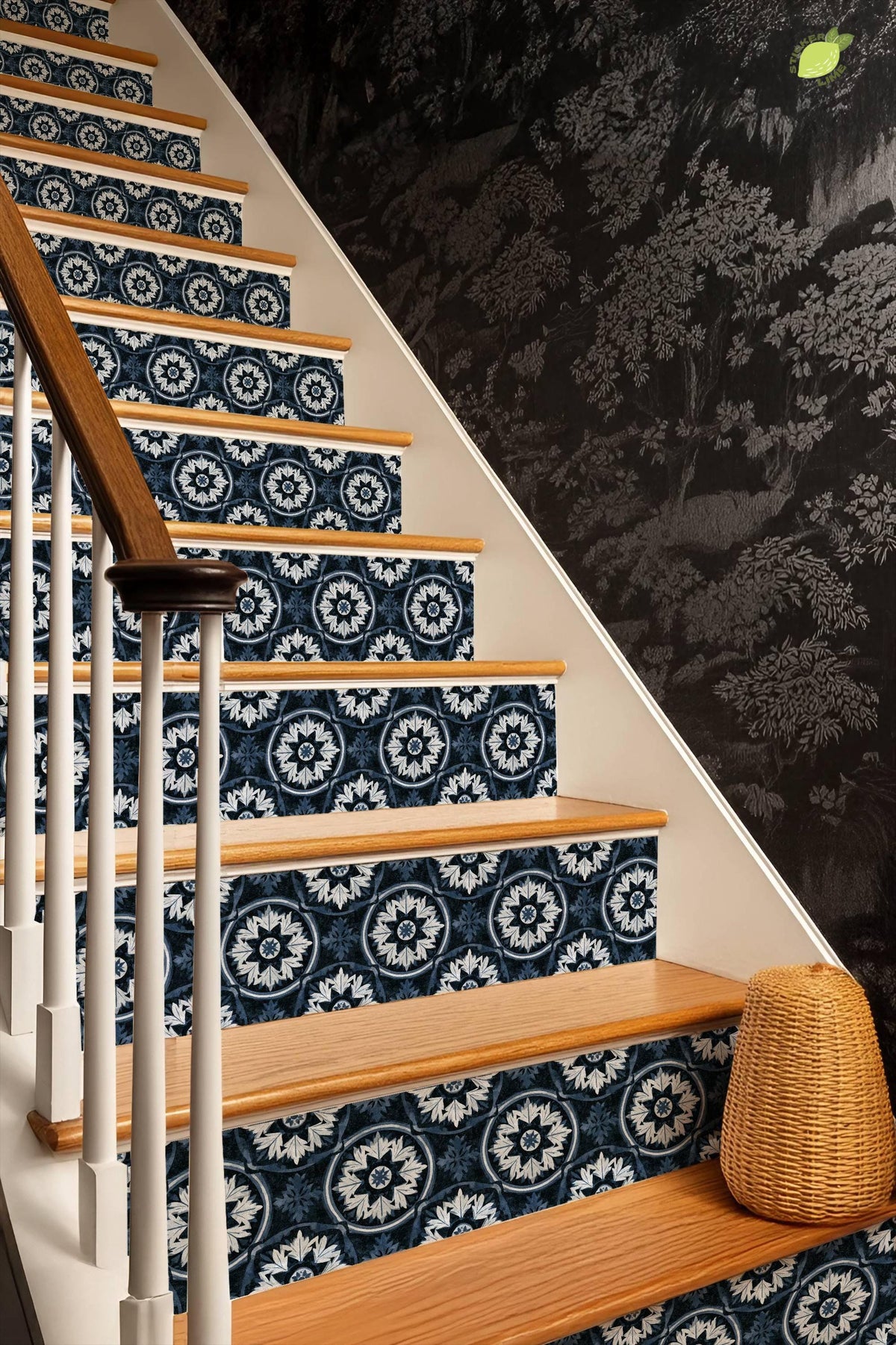 Indigo Mediterranean Leaf Mandala peel and stick stair riser decals, photo 6 of 8