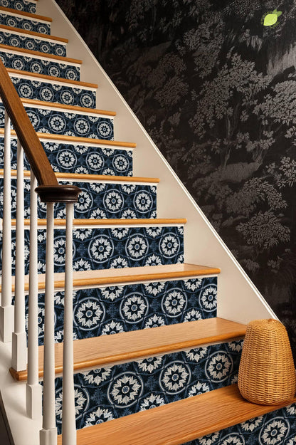 Indigo Mediterranean Leaf Mandala peel and stick stair riser decals, photo 6 of 8