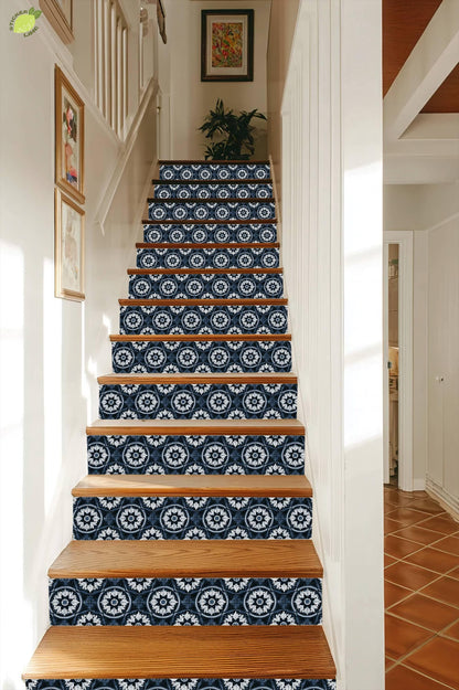 Indigo Mediterranean Leaf Mandala peel and stick stair riser decals, photo 7 of 8