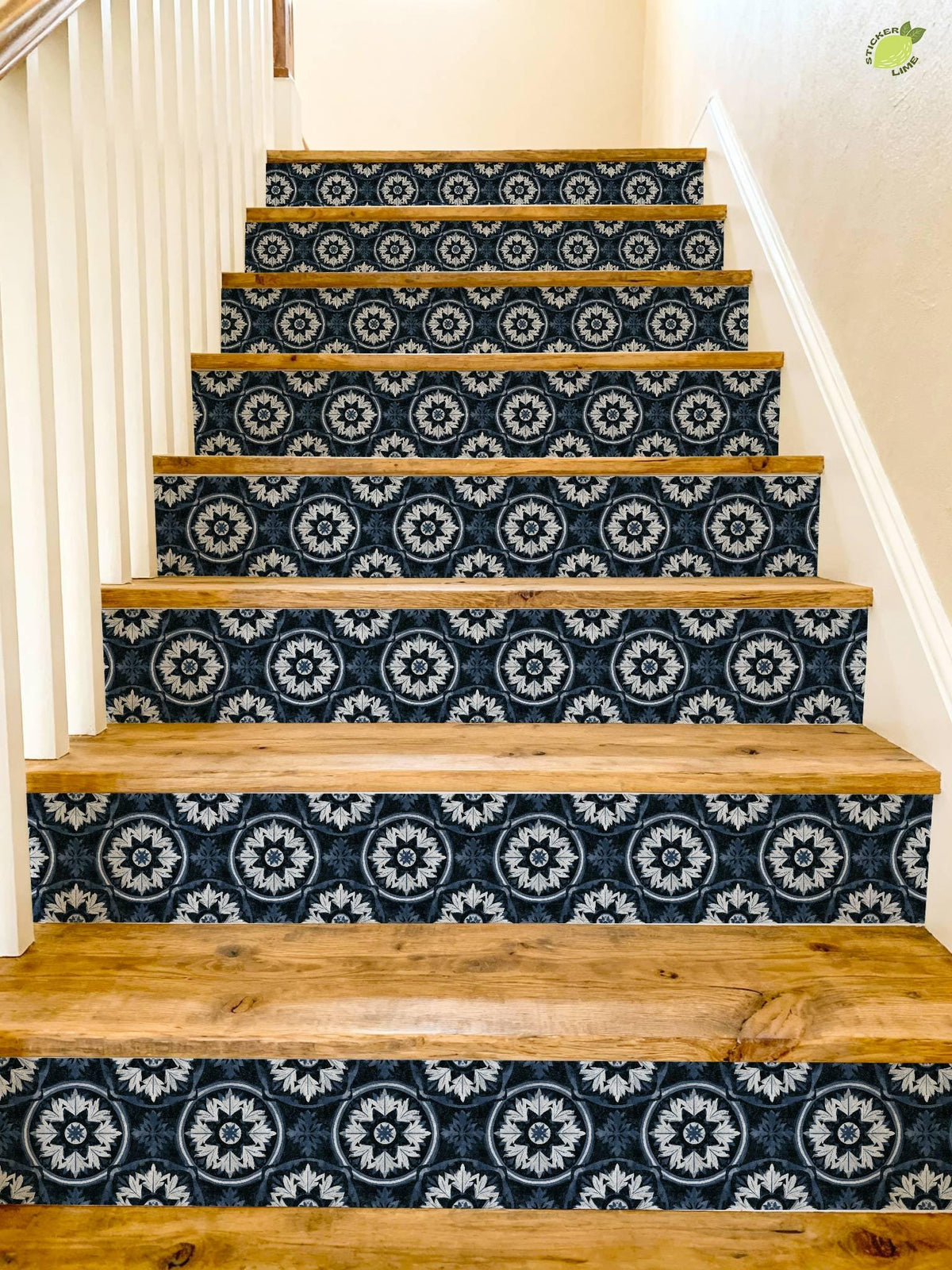 Indigo Mediterranean Leaf Mandala peel and stick stair riser decals, photo 8 of 8