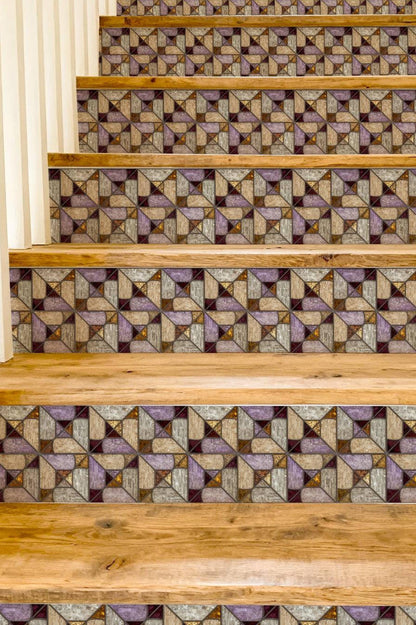 Iridescent Stained Glass Geometric Motif peel and stick stair riser decals